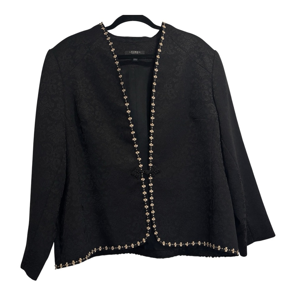 VTG Louben Petite 16WP Black Brocade Jacket Gold Trim Dressy Open Front Blazer